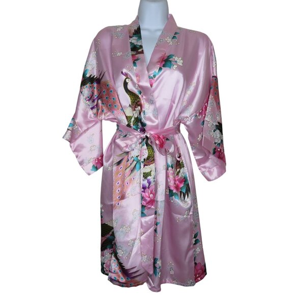 Peacock Print Satin Kimono Robe Belt Pink Floral Design Small Womens Lounge Wear - Picture 1 of 6